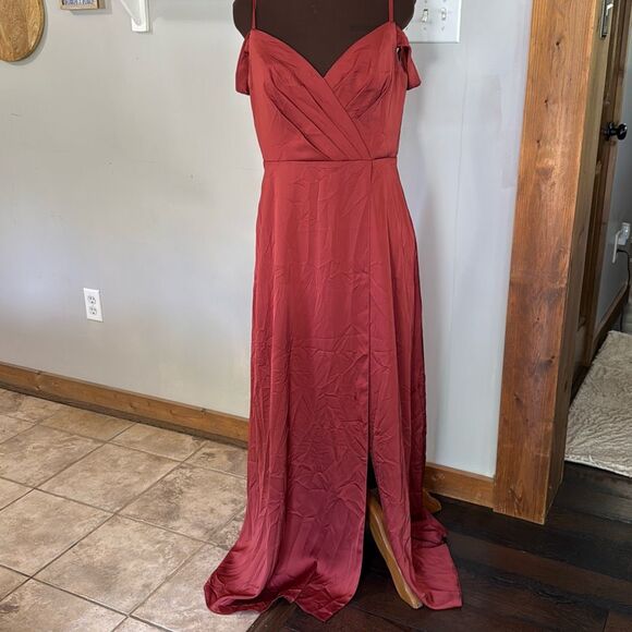 Azazie Dresses & Skirts - Azazie bridesmaid dress size 12 rust fall Wedding maxi length A line pleated Bod